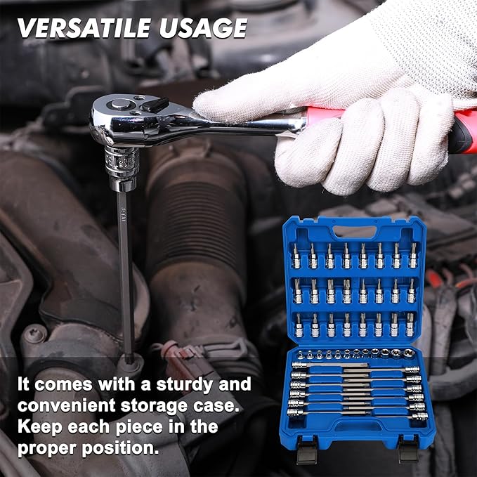 CASOMAN 48-Piece 3/8" Drive Master Torx Bit Socket and External Torx Socket Set, 6-Inch Extra Long, CR-V & S2 Steel