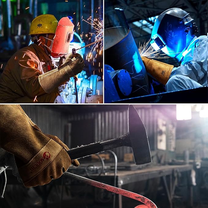 Leather Welding Gloves for Men and Women, BBQ Gloves Fireproof and Heat Resistant Mitts for Cooking, Firefighting, Fireplace, Oven, Baking, Stove, Pot Holder, Yark Work Thorn Proof