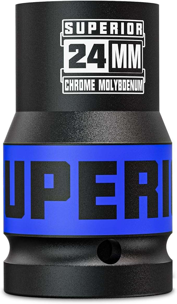 1" Drive Impact Socket, 24 mm Deep Socket, Metric Axle Nut Socket, 6 Point, CR-MO, Automotive, Truck Maintenance, Heavy Equipment Repair