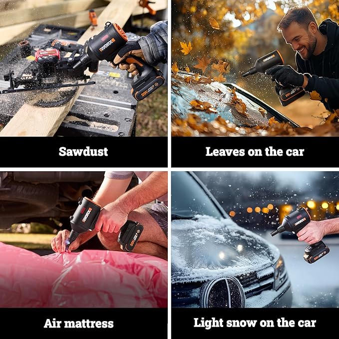WORX Cordless Blower/Inflator, 20V 39 CFM 470 MPH Brushless High Speed Portable Dust Cleaner for Workshop, Lawn, Yard, Home, Lightweight Handheld Blower, Battery and Charger Included,WX099L PowerShare