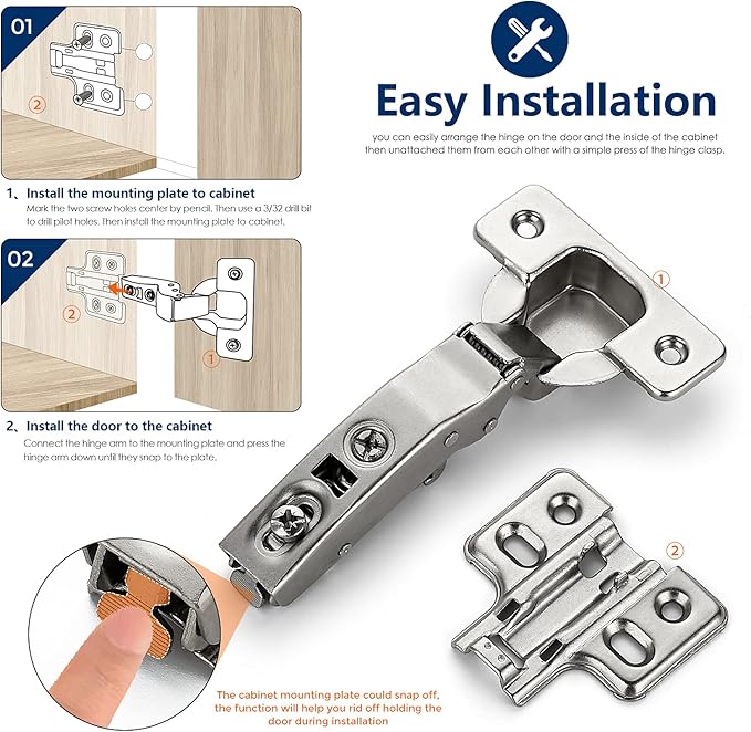 Ravinte 20 Pack 10 Pairs European Kitchen Cabinet Hinges Soft Close Full Overlay Door Heavy-Duty Frameless Adjustable Concealed Cabinet Cup Hinges