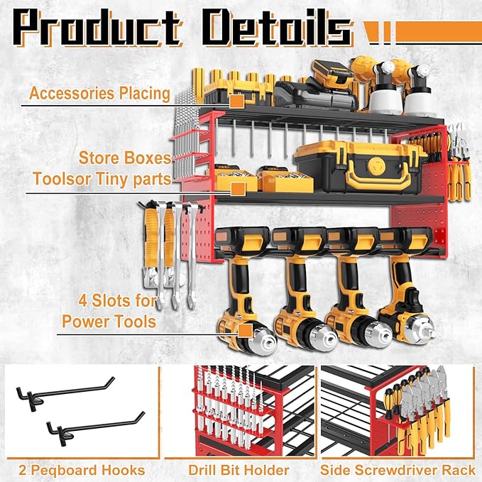 Power Tool Organizer Wall Mount, Heavy Duty 150Lbs Load Capacity with 4 Drill Holders,3 Layer Utility Shelf for Garage Storage and Workshop Organization(Red)