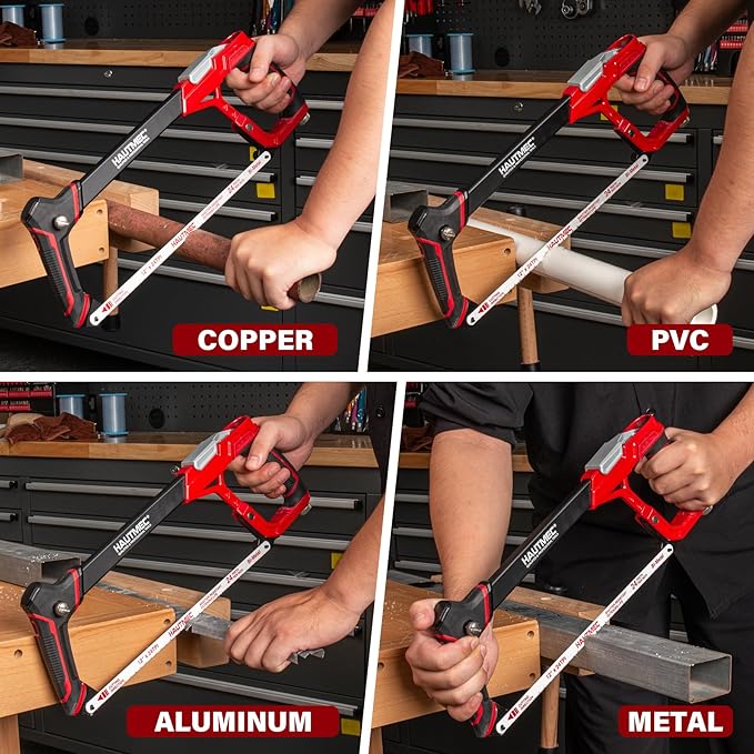 HAUTMEC 12" Fast High-Tension Hacksaw with 5 Extra Bi-Metal Blades, Heavy-Duty Aluminum Hack Saw with Ergonomic Non-Slip Handle, Quick-Change Tension, Blade Storage & Dual Cutting Angles - HTHSH25034