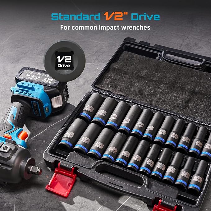 1/2" Drive Deep Impact Socket Set, SAE & Metric Sockets (5/16"-15/16" & 10-24mm), Professional CR-MO Steel, 6-Point for Impact Wrench, Automotive & Truck Repair Tool Kit