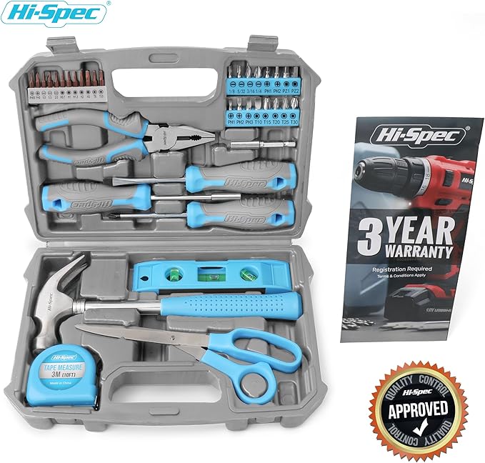 Hi-Spec Tool Set, Blue Household Starter Set with Tool Box, Car ToolKit, Tools for Home Office Dorm Room Essentials, Easy to Carry and Store