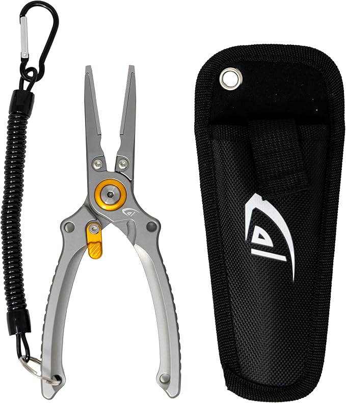 danco Aluminum 7.5??Precision Fishing Pliers with Stainless Steel Jaws, Cuts Braid with Ultra-Sharp Tungsten Carbide Center Cutter, Lockable, with Sheath, perfect for Fresh & Saltwater