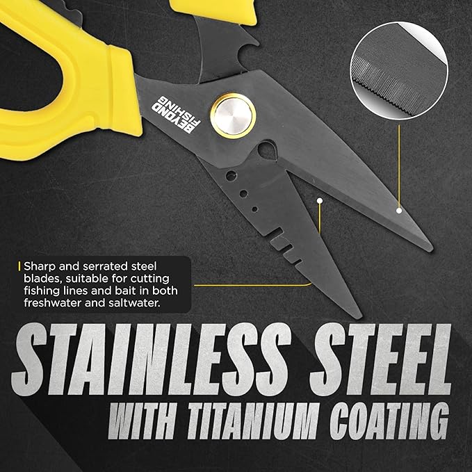 Beyond Fishing OmniPro Shears ??6.5??Multi-Function Fishing Scissors with Titanium-Coated Blades ??Cuts Braided Line, Monofilament, Fluorocarbon & Steel Wire ??Fishing Tool with Sheath