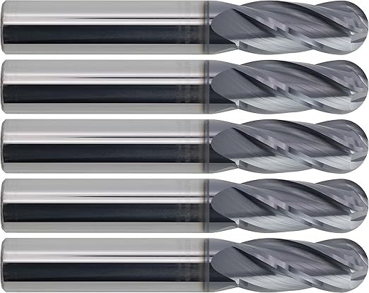 CME 5 pcs Micrograin Carbide End Mills, Ball Nose, TiAlN Coated, 3/8" Mill Diameter, 7/8" Length of Cut, 2 1/2" Overall Length, 4 Flute, Center Cutting