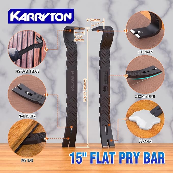 4-Piece Heavy-Duty Pry Bar Set ??12" & 10" Utility Claw Pry Bars, 15" Flat Pry Bar, 8" End Cutting Pliers | CR-V Steel Nail Puller Tool with Hammer-Function & Ergonomic Grip
