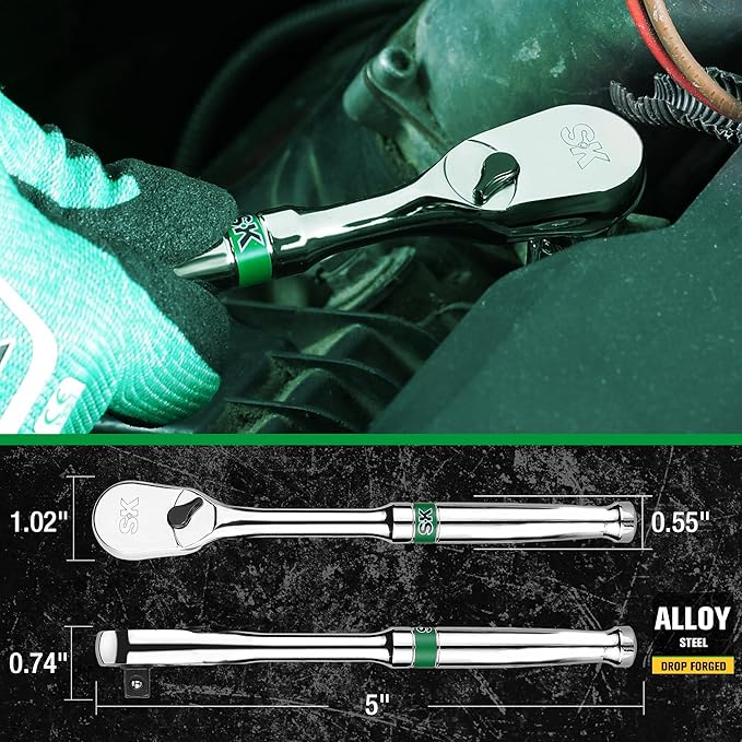 SK 1/4" Drive Ratchet Handle, Pear Head, 90-Tooth Ratchet, Alloy Steel, with Contoured Handle