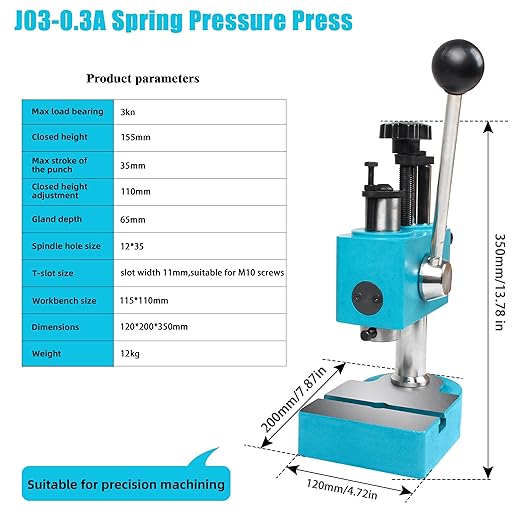 RATTMMOTOR Arbor Press J03-0.3A Spring-Loaded Precision Manual Shaft Press, Benchtop Hand Hole Puncher Machine for Metal and Non-Metal Punching, Bending, Stretching, Forming (3KN/0.3T Capacity)