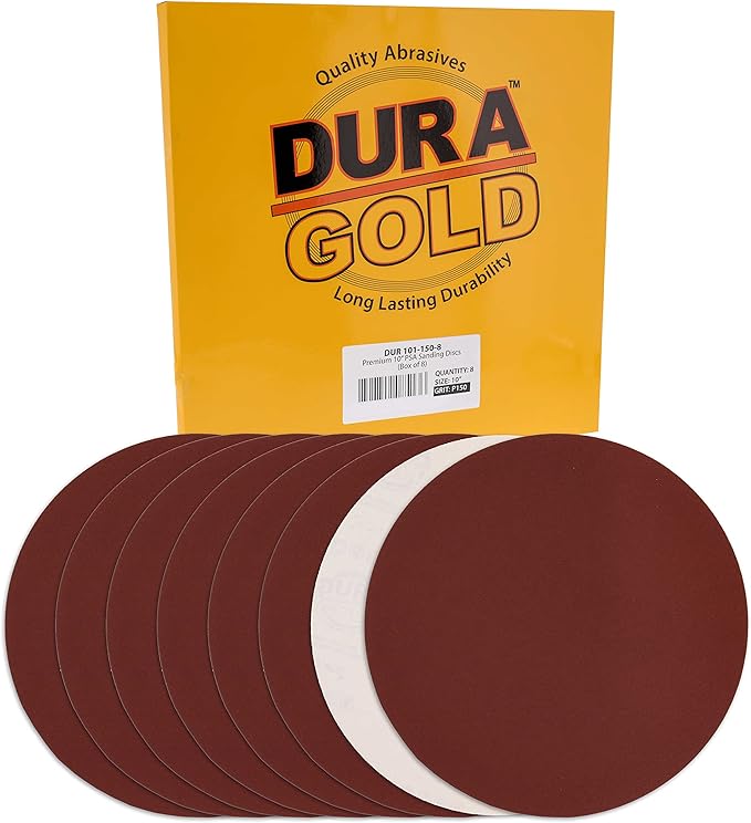 Dura-Gold Premium 10" Sanding Discs - 150 Grit (Box of 8) - Sandpaper Discs with PSA Self Adhesive Stickyback, Fast Cutting Aluminum Oxide Abrasive - Drywall, Floor, Woodworking, Automotive, Sander