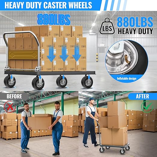 8 inch Casters Wheels, Heavy Duty Casters Set of 4 Load 880lbs with Brake, Locking Swivel Plate Caster, Industrial Castor Wheels for Workbench, Cart, Trolley, Wagon and Shelves