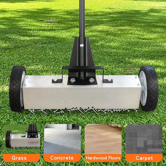 Rolling Magnetic Sweeper, 36 Inches Heavy Duty Magnetic Nail Sweeper with Wheels, Adjustable Handle and Clean Height for Different Scenarios
