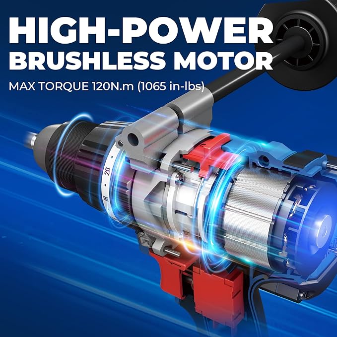 Dong Cheng 20V Brushless Hammer Drill Bare Tool, 1062 in-lbs, 1/2" Keyless Metal Chuck, 24+1+1 Clutch, Cordless Hammer Drill with 4.0Ah Battery Kit for Drilling Brick Wall, Metal, Wood (Bare Tool)