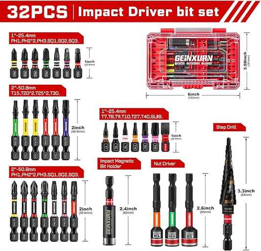 32Pieces Impact Screwdriver Bits Set, Magnetic S2 Steel 1??2?쒺hillips/Square/Torx/Slotted Bits Tips,Impact Bit Holder and Nut Driver Set with Red Storage Box Case