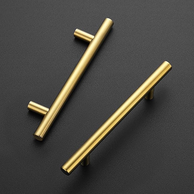 JOY DECOR 5 Pack 6-3/8 Inch Cabinet Pulls Kitchen Cabinet Handles with 4 Inch Hole Center Brushed Brass Cabinet Hardware Stainless Steel Kitchen Drawer Pulls for Cabinets Cupboard, 102mm Hole Centers