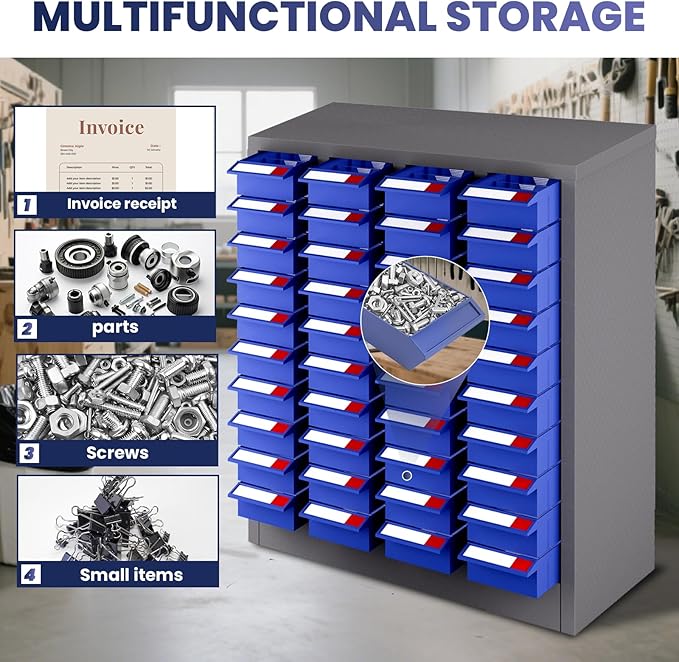 Parts Organizer Cabine 40 Drawers, 25" H x 21" D x 9" W Stainless Steel Bolt and Nut Storage Cabinet, ABS Drawers, Adjustable Shelves & Label, Parts Cabinet for Workshop Laboratory Home Tool Storage