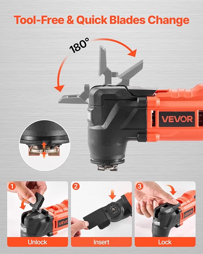 VEVOR Cordless Oscillating Tool, 20V Multitool Oscillating Tool with 6 Variable Speeds 8500-17000 OPM, 3.2째 Oscillating Angle, 8PCS Saw Accessories & LED Work Light (Battery Pack Not Included)