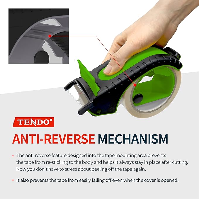 Heavy Duty Shipping Tape Dispenser: TENDO째 Premium Line ??Reusable, Replaceable, Eco-Friendly 2?쇺?Master Piece Dispenser for Pros with Patented 10째 Sloped Chromium Blades - P-2200 (4th Gen.)_Green