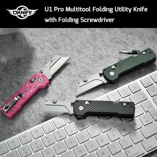 OKNIFE U1 Pro Multitool Folding Utility Knife with Folding Screwdriver, Quick Change Blade, Rail Lock & Pocket Clip for Men Women (Carbon Fiber Black)