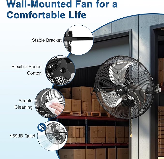 Xcity 24 Inch Metal Wall Mounted Fan, Max 7600 CFM High Velocity Industrial Wall Mount Fan With 3 Speeds & 360째 Adjustable Tilt for Commercial, Garages, Workshops