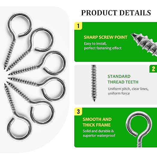 M5 10 Pcs 304 Stainless Steel Screws Eye,2.56 Inch Screw Self Tapping Eye,Load Bearing 200LB, Duty Eye Bolt for Wood Securing Cables Wire,Indoor & Outdoor Use (10, M5 2.56 Inch)