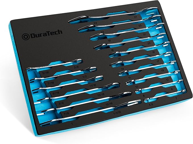 DURATECH Super-thin Open End Wrench Set, SAE(5/16" to 1-1/16") & Metric(5.5mm to 27mm), 16-Piece, Slim Spanner Wrench Set with EVA Tray Storage