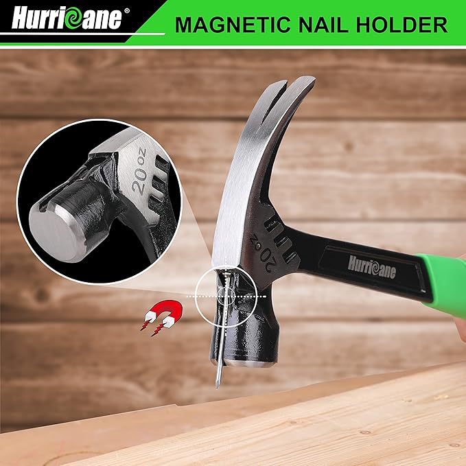 HURRICANE 20 oz Claw Hammer with Magnetic Nail Holder, Straight Rip Claw Hammer with Shock-Absorbing Handle, Heavy Duty One-piece Forged Hammer