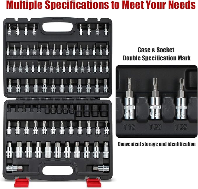 92-Piece Allen and Torx Bit Socket Set, 1/4" 3/8" and 1/2" Drive Tamper Proof Torx/Hex SAE & Metric Bit Set