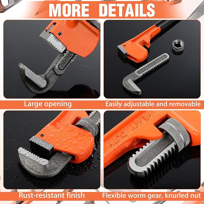 Lanties 6 Piece Heavy Duty Pipe Wrench Set - 8", 10", 12", 14", 18", 24", Adjustable Chrome Vanadium Steel Plumbing Wrench Set with Soft Handle & Gloves for Plumbers, Pipeline, Auto Repair(Orange)
