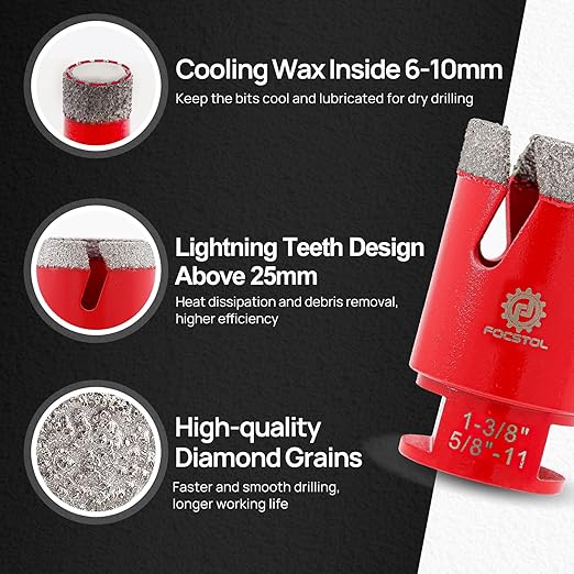 Diamond Core Drill Bit Set - FOCSTOL 10pcs (6/8/10/25/35/50/65mm+10mm Finger Milling Bit+50mm Beveling Chamfer Bit+Hex) Hole Saw Kit for Porcelain Ceramic Tile Marble Granite with 5/8''-11 Thread