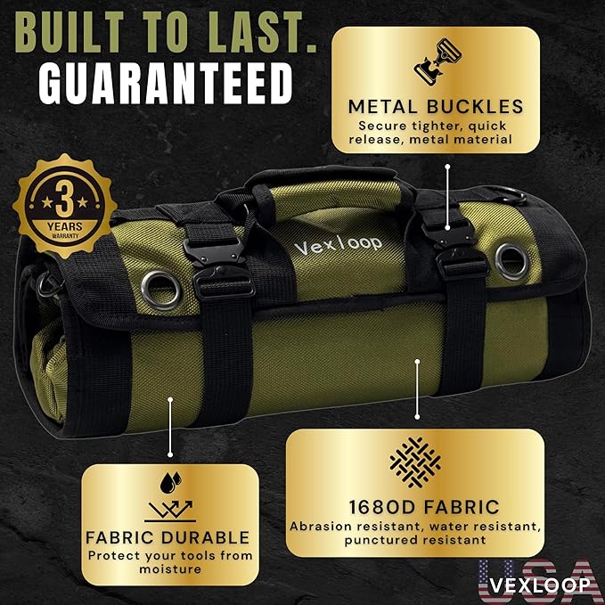 Tool Roll Bag Organizer Aluminium Buckle Heavy Duty | 1680D Oxford Mechanic Wrench Pouch for Truck & Car | Overland Gear Storage for Truck & Jeep | Roll Up Tool Bag Organizer (Green color)