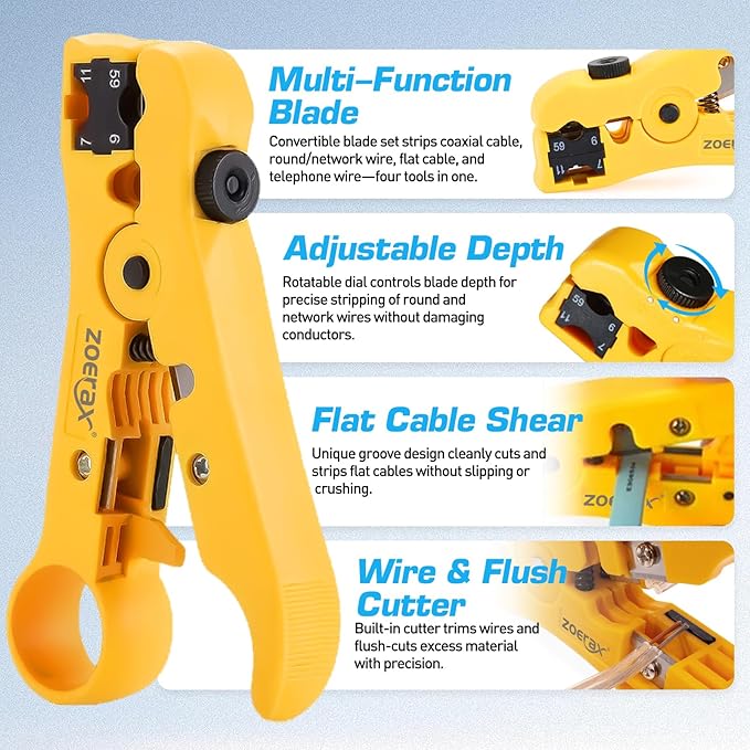 ZOERAX Coax Cable Crimper Tool Kit with Wire Stripper and 20PCS F Connectors ??Coax Compression Tool for RG6, RG59, RG11 Coaxial Cables for TV, Internet, Satellite Installations & Home Networking