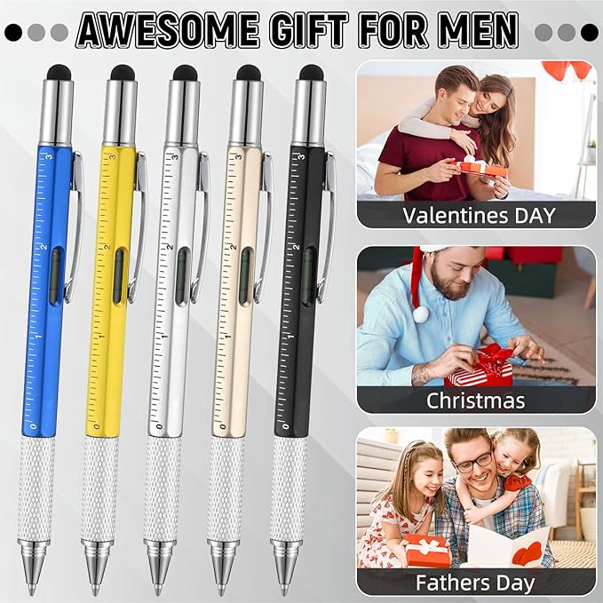 Yeaqee 30 Pcs Stocking Stuffers Bulk for Men 6 in 1 Screwdriver Multi Tool Pens with Refills Ruler Level Gauge for Party Favor Father's Christmas White Elephant Gifts (Vivid Color)