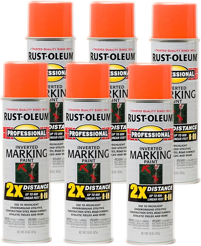 Rust-Oleum 266579-6PK Professional 2X Distance Inverted Marking Spray Paint, Fluorescent Orange, 15 Ounce (Pack of 6)