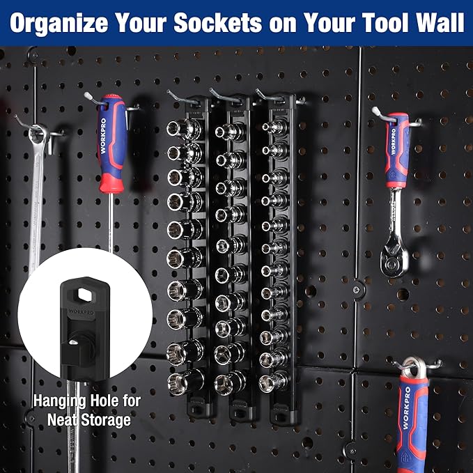 WORKPRO Magnetic Socket Organizer, 1/2-Inch Drive Aluminum Alloy Socket Rail, Heavy Duty Socket Holder, Socket Rack Kit 1/2-Inch x 10 Clips Black (Socket not Included)