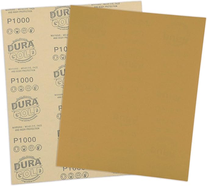 Dura-Gold Premium 9" x 11" Gold Sandpaper Sheets, 1000 Grit (Box of 10) - Wood Furniture Woodworking, Automotive Paint, Full-Size Cut to Use on 1/4, 1/3, 1/2 Sheet Finishing Sanders Hand Sanding Block