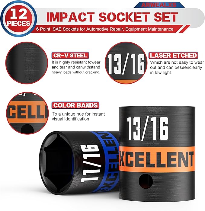 12 Pieces 3/8-Inch Drive Impact Socket Set, 5/16" to 1" Shallow Socket, 6 Point SAE Sockets for Automotive Repair, Equipment Maintenance