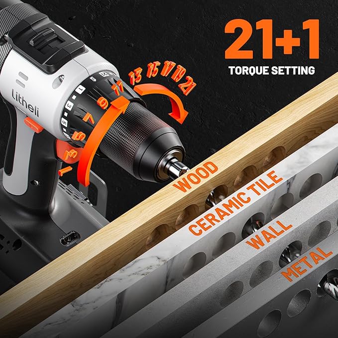 Litheli 20V Cordless Drill Driver, 1/2" Keyless Chuck, 2-Speed Electric Power Drill with 21+1 Torque Settings, Max 443 In-lbs, Battery Powered Drill for DIY, Woodworking & Home Projects
