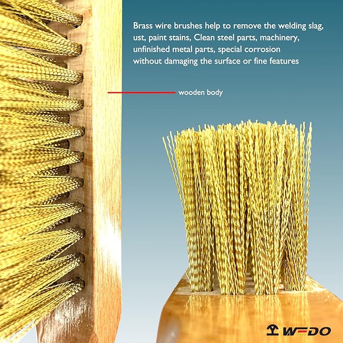 WEDO Wire Brush Set,2pcs 11" Brass Scratch Brush Set for Paint Removal,Cleaning Rust,Welding Slag,Grill Cleaning,Brass Bristle With Wooden Handle