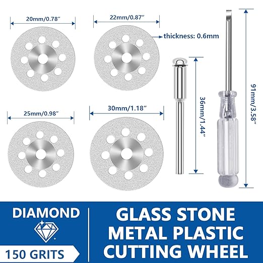 20 22 25 30mm 40Pcs Diamond Cutting Wheel 545 for Dremel Rotary Tool with 402 Mandrel (3mm) 8pcs and Screwdriver for Stone Glass Tile Marble Cutting (20 22 25 30 mm)