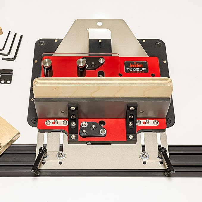 JessEm 06300 Precision Box Joint Jig for Router Tables, Professional Woodworking Jig for Perfect Finger Joints with 1/4", 3/8", 1/2" Aluminum Indexing Keys and Smooth Bearing Glide System