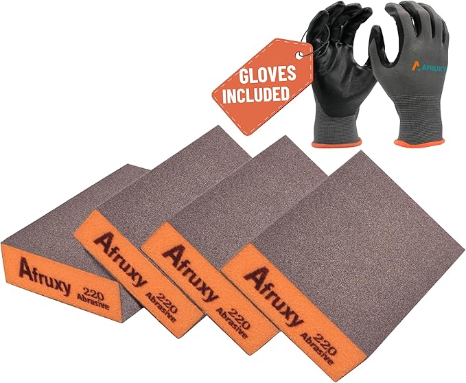 4-Pack 220 Grit Sanding Sponges with Work Gloves Men ??Reusable Dry & Wet Sanding Blocks for Wood, Drywall, Metal ??Super High-Density Sandpaper Blocks for Furniture & Automotive Projects