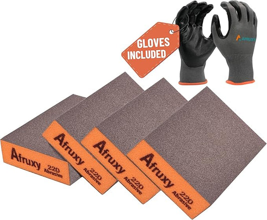 4-Pack 220 Grit Sanding Sponges with Work Gloves Men ??Reusable Dry & Wet Sanding Blocks for Wood, Drywall, Metal ??Super High-Density Sandpaper Blocks for Furniture & Automotive Projects