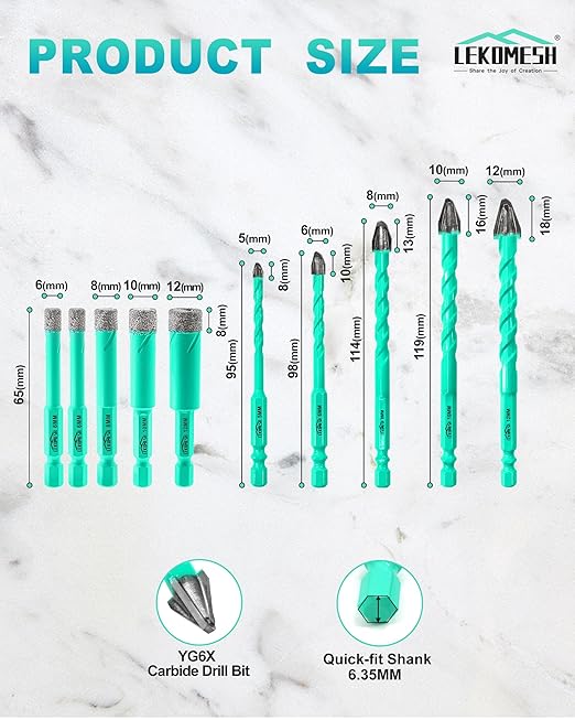 10PCS Nine Blades Serrated Carbide Masonry Drill Bit Set - 2 x 1/4",5/16",3/8",1/2" Tile Bits & 3/16",1/4",5/16",3/8",1/2" Wood Drill Bits for Wood Plastic Masonry Brick Tile Glass Concrete Marble