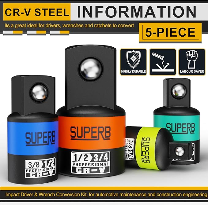5-Piece Impact Socket Adapter Set, 1/4", 3/8", 1/2" Socket Converter&Reducer, Cr-V Steel, Impact Driver & Wrench Conversion Kit, for Automotive Maintenance and Construction Engineering