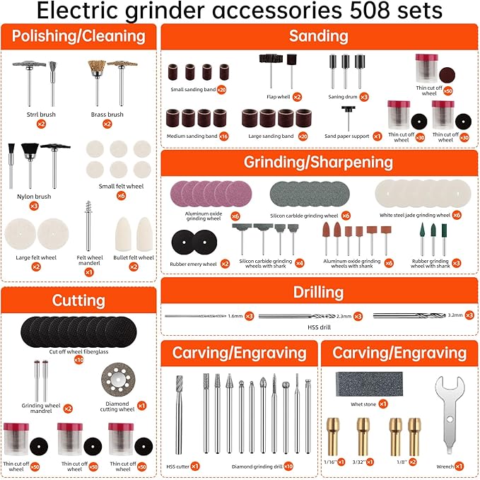 508-Piece Rotary Tool Accessory Kit,1/8" Multi-Purpose Rotary Tool Bits with Organizer For Sanding,Polishing,Grinding,Drilling,Cutting,Carving and Cleaning