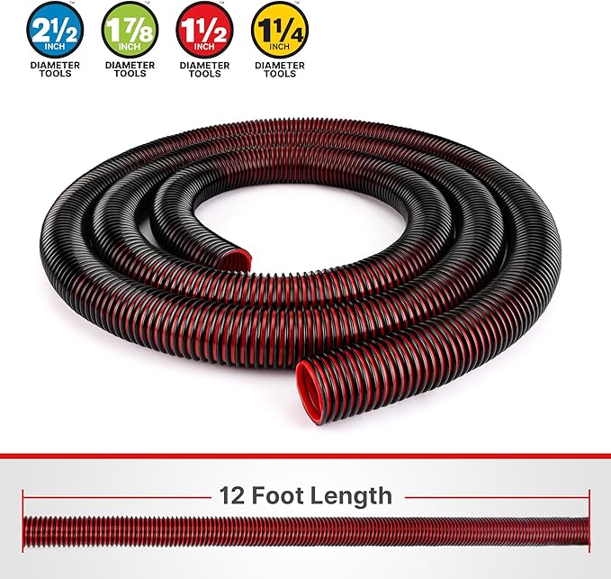 Shop-Vac Premium Universal Hose Plastic 12'X 1-7/8", Replacement Hose Compatible with Rigid, Dewalt, Husky, Craftsman, Bauer, Masterforce Vacuum Cleaners