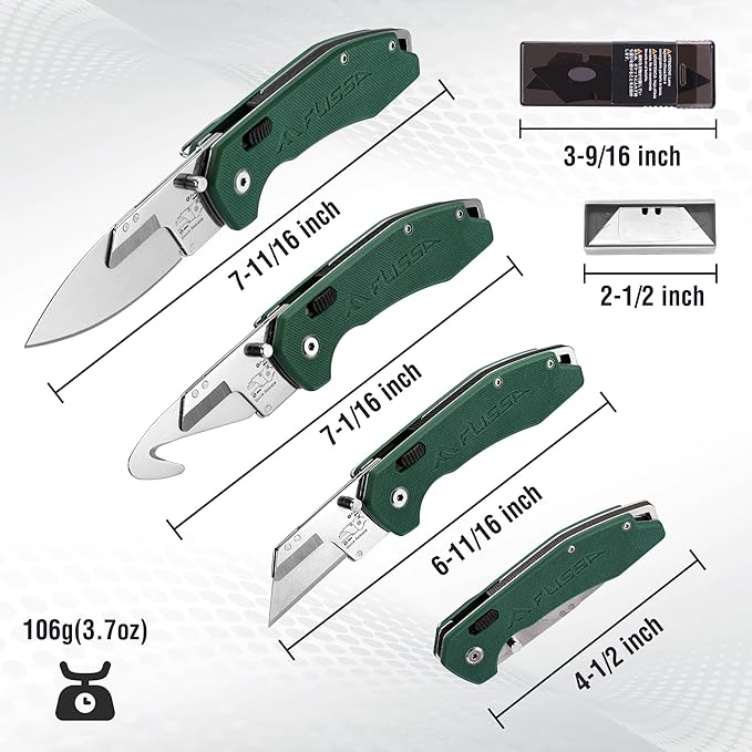 FLISSA Replaceable Blade Folding Knife, 3-in-1 Pocket Hunting Knives, Liner Lock Knife for Hunting, Skinning & Field Dressing, Green G10 Handle, Includes 16 Blades